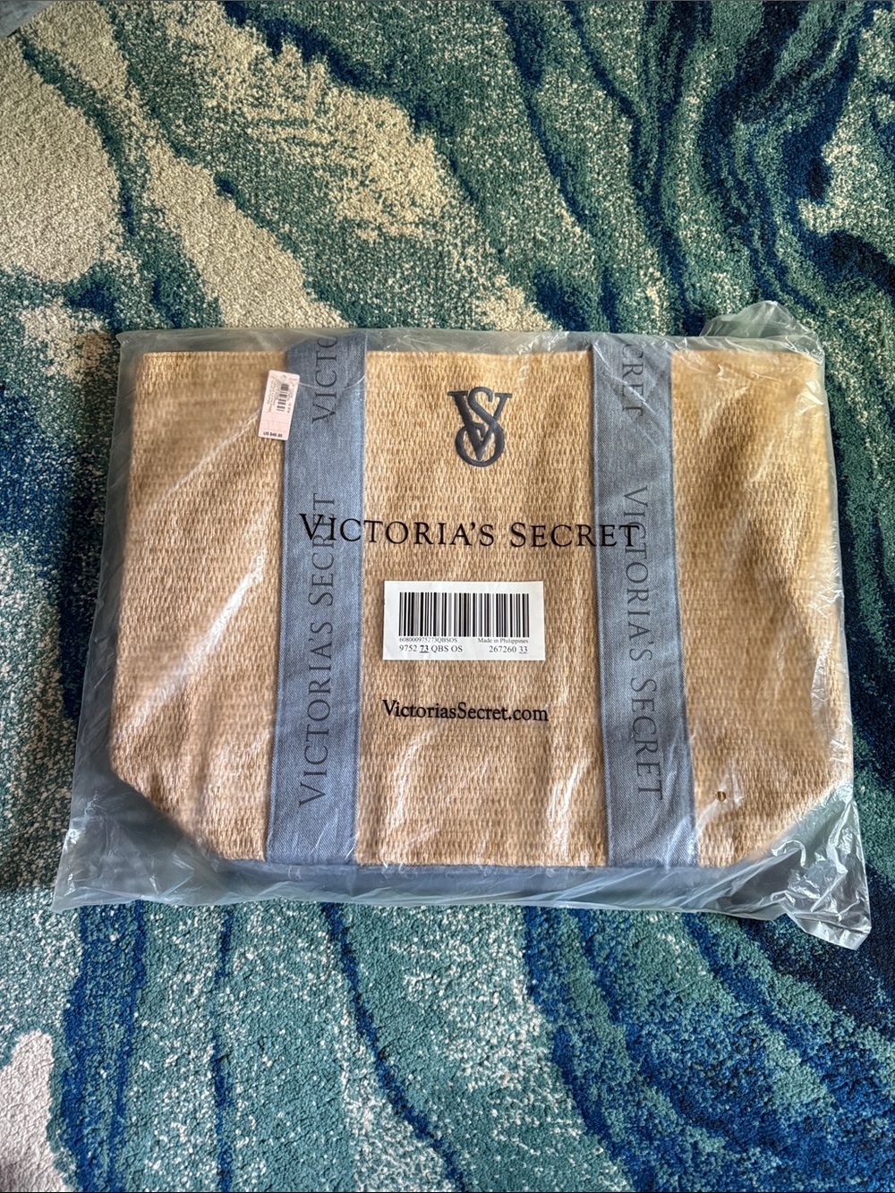 New, Victoria's Secret Straw Summer Tote with Denim Logo Straps